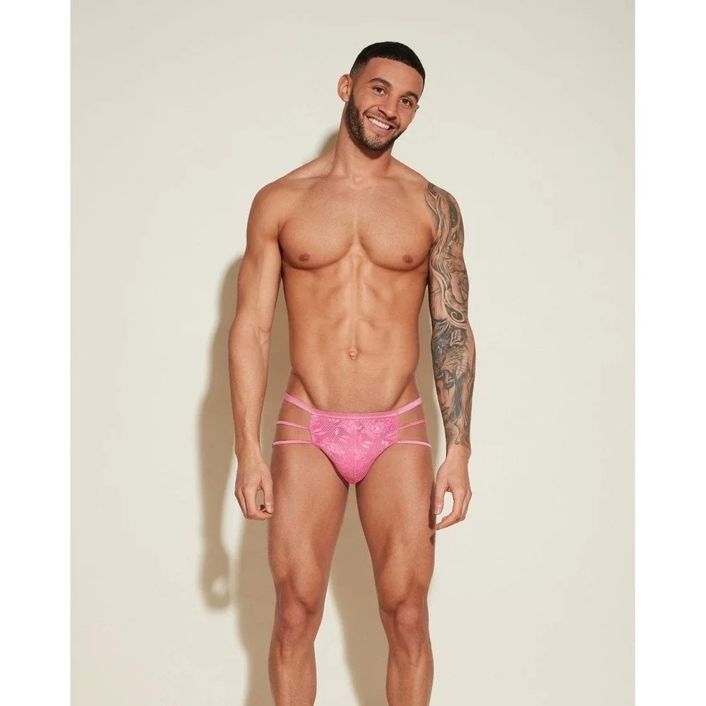 Cosabella Never Say Never Mens Strappy Lace Thong Pink Open Back Underwear NEW